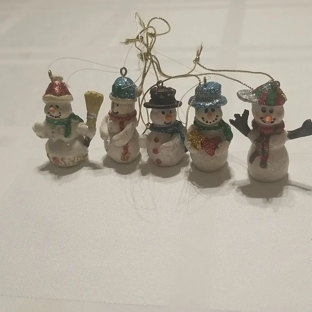 5 Tiny Mini Christmas Tree Little Snowman Ornaments 2